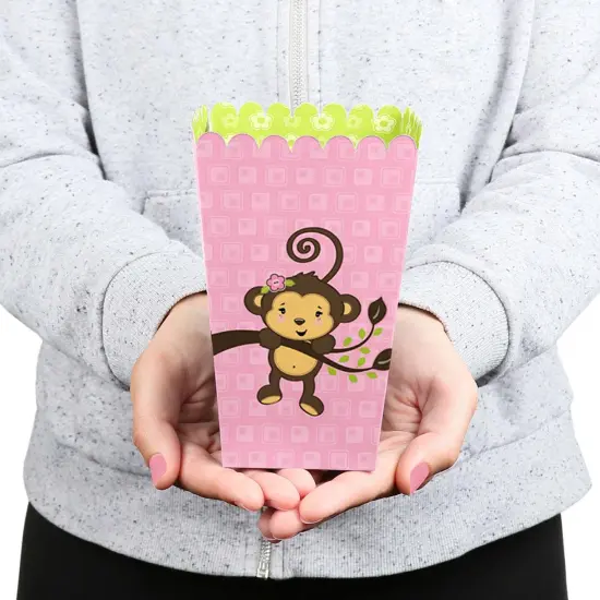 Big Dot of Happiness Pink Monkey Girl - Baby Shower or Birthday Favor Popcorn Treat Boxes - Set of 12 {6}