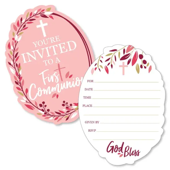 Big Dot of Happiness First Communion Pink Elegant Cross - Shaped Fill-in Invitations - Religious Party Invitation Cards with Envelopes - Set of 12 {1}