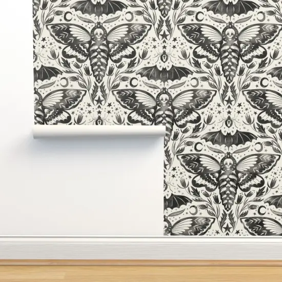 Pre-Pasted Wallpaper 2FT Wide Black And White Moth Bat Flower Stars Ink Watercolor Moon Ghosts October Gothic Halloween Custom Pre-pasted Wallpaper by Spoonflower {2}