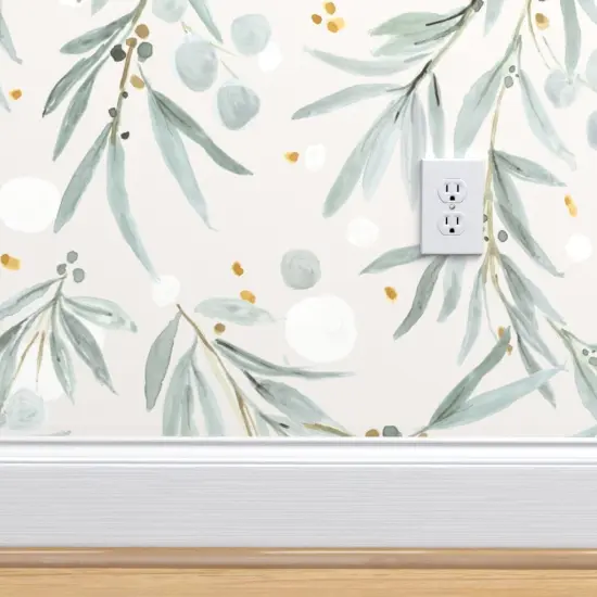 Peel & Stick Wallpaper 2FT Wide Leaves Gray Watercolor Botanical Blue Green Watercolour Eucalyptus Custom Removable Wallpaper by Spoonflower {4}