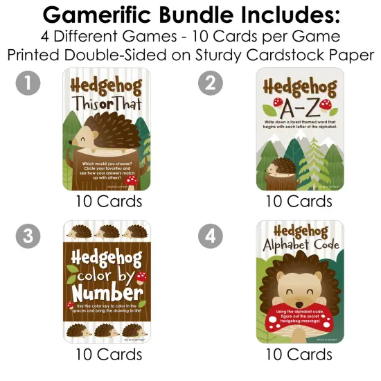 Big Dot of Happiness Forest Hedgehogs - 4 Woodland Birthday Party Games - 10 Cards Each - Gamerific Bundle {4}