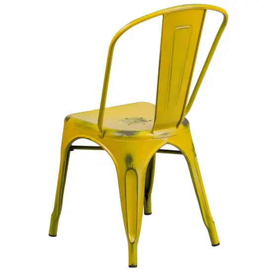 Merrick Lane Banks Indoor/Outdoor Stacking Metal Dining Chair with Single Slat Back and Distressed Powder Coated Finish Yellow {4}