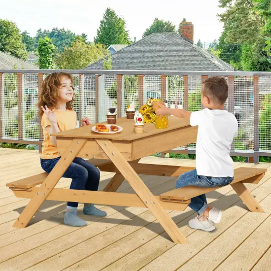 3-in-1 Kids Picnic Table Wooden Outdoor Water Sand Table with Play Boxes {5}