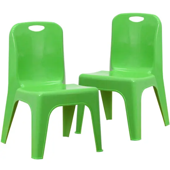 Emma and Oliver 2 Pack Plastic Stackable School Chair with Carrying Handle and 11"H Seat Green {2}