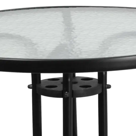 Emma and Oliver 31.5" Round Tempered Glass Metal Table with Smooth Ripple Design Top Clear/Black {5}