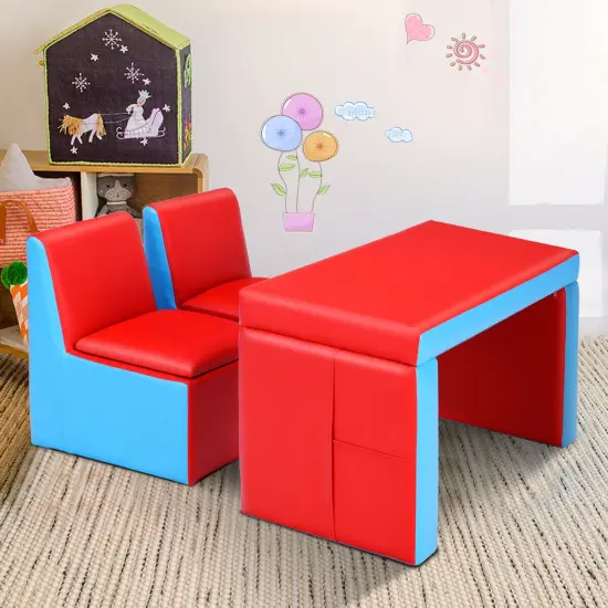 2 in 1 Multi-Functional Kids Sofa Table Chair Set with PVC Surface and Storage Box Under The Seat Red {2}