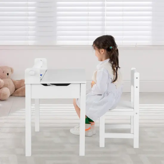 Wooden Kids Table and Chair Set with Storage and Paper Roll Holder White {3}