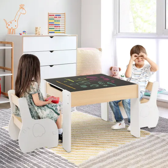 4-in-1 Wooden Activity Kids Table and Chairs with Storage and Detachable Blackboard-White {2}