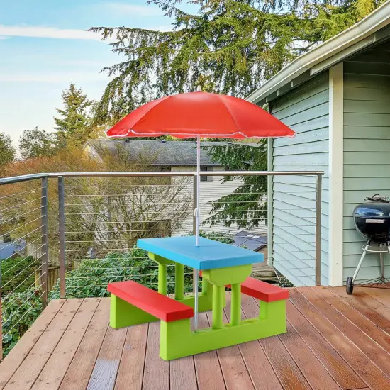 Kids Picnic Folding Table and Bench Set with Umbrella Green {2}