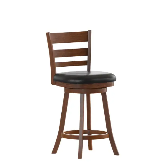 Merrick Lane Silla 24" Classic Wooden Ladderback Swivel Counter Height Stool with Upholstered Padded Seat and Integrated Footrest Espresso/Black {6}