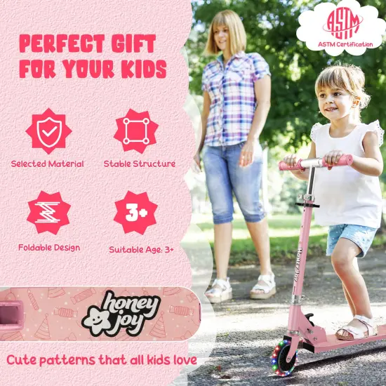 Kids Folding Kick Scooter with 3 Adjustable Heights for Outdoor Pink {3}