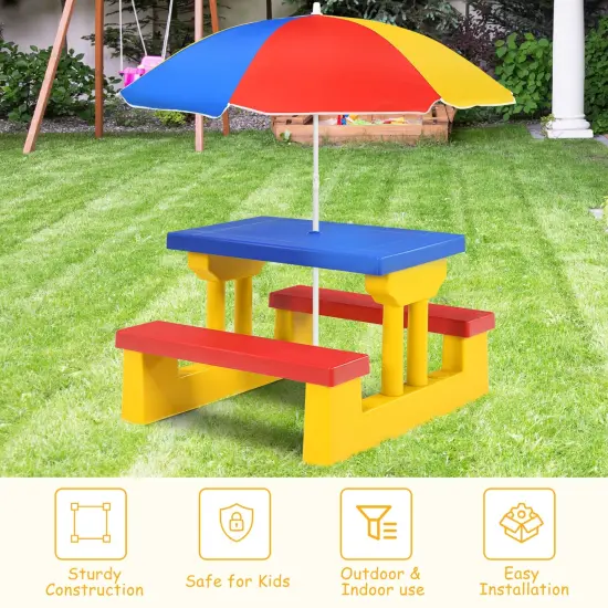 Kids Picnic Folding Table and Bench Set with Umbrella Yellow {6}