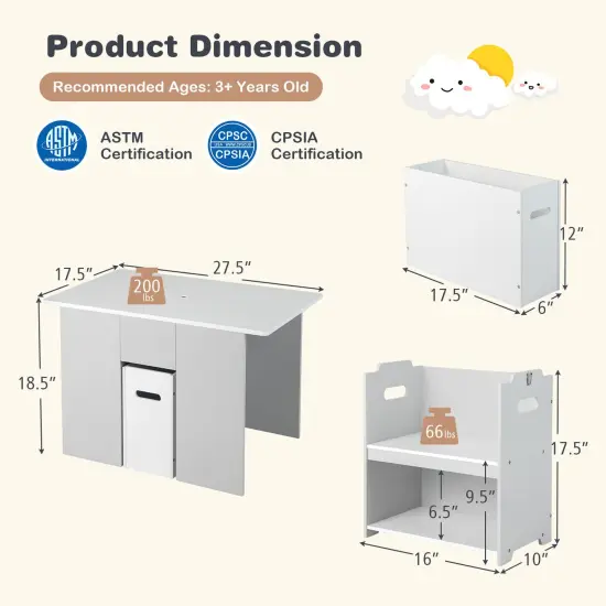 4-in-1 Kids Table and Chairs with Multiple Storage for Learning-Grey {5}