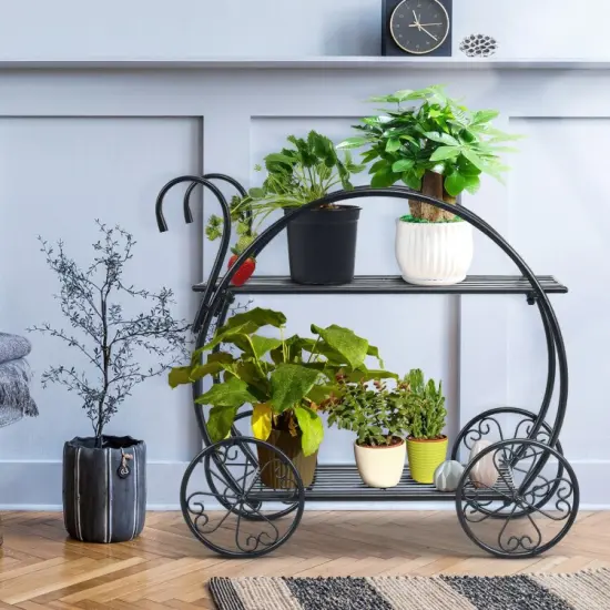 Black Heavy Duty Metal Flower Cart Plant Stand for Indoor-Outdoor Use {6}