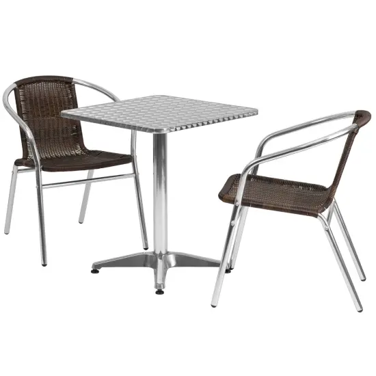 Emma and Oliver 23.5" Square Aluminum Garden Patio Table Set with 2 Rattan Chairs Dark Brown {1}