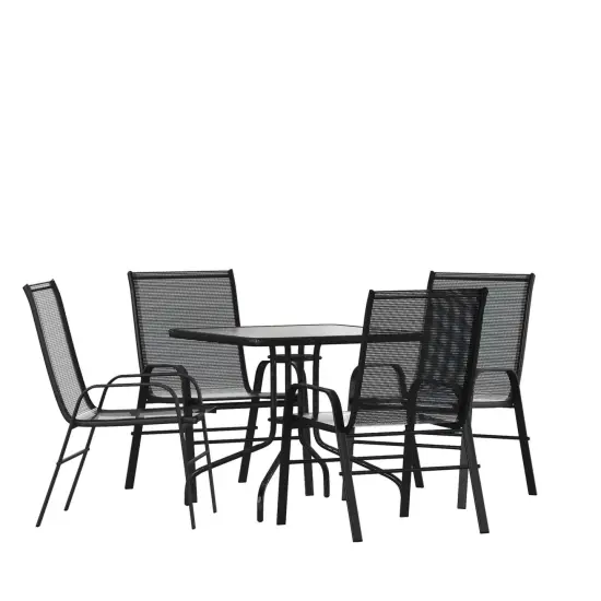 Emma and Oliver Five Piece Patio Dining Set - Square Table with Powder Coated Frame and Tempered Glass Top & 4 Flex Comfort Stack Chairs Black {1}