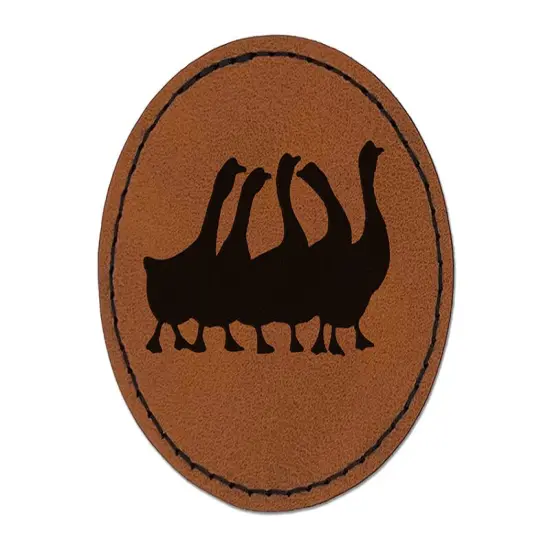 Geese Gaggle Goose Family Solid Round Iron-On Engraved Faux Leather Patch Applique - 2.5" Brown {1}