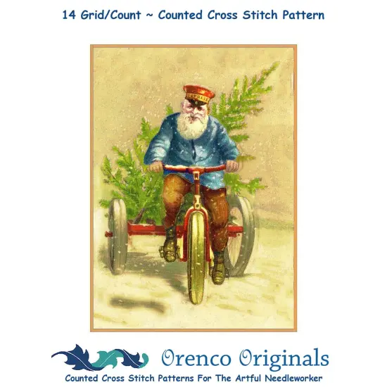 Santa Claus Delivering Tree on Bicycle Counted Cross Stitch Pattern {1}