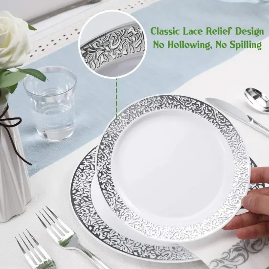 175 Pieces Silver Dinnerware Set 25 Guest-50 Silver Lace Plastic Plates-25 Silver Plastic Silverware-25 Silver Plastic Cups-25 Silver Paper Napkins, FOCUSLINE Disposable Dinnerware Set {5}