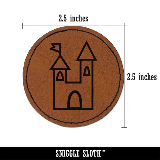 Castle Fairytale Round Iron-On Engraved Faux Leather Patch Applique - 2.5" Brown {3}
