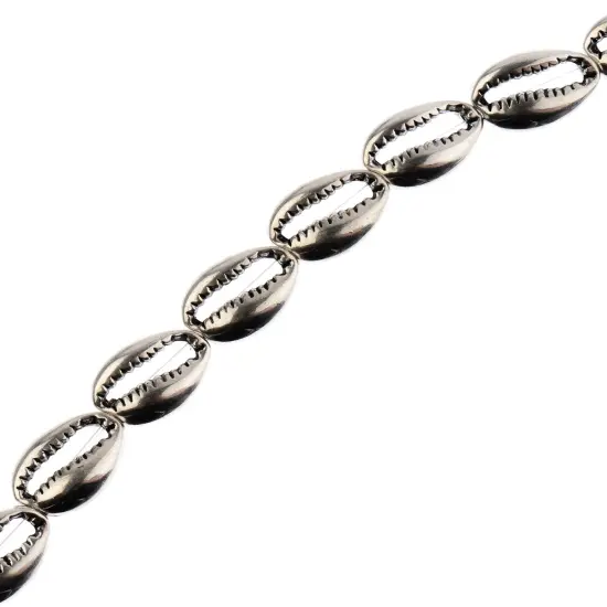 John Bead 8" Antique Silver Metal Cowrie Bead Strand, 16x11mm {1}