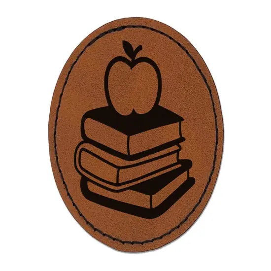 Apple on Stack of Books Reading Library Teacher Round Iron-On Engraved Faux Leather Patch Applique - 2.5" Brown {1}