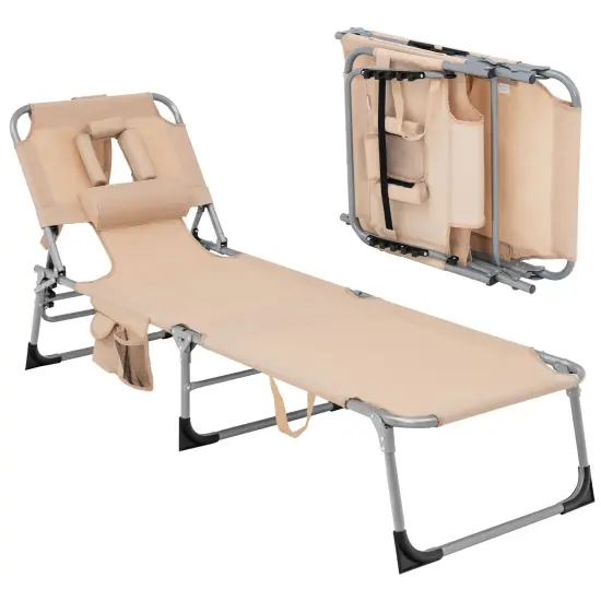 Folding Beach Lounge Chair with Pillow for Outdoor Beige {3}