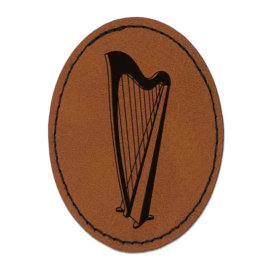 Harp String Instrument Round Iron-On Engraved Faux Leather Patch Applique - 2.5" Brown {1}