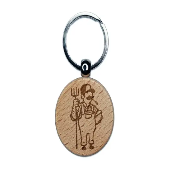 Farmer with Overalls and Pitchfork Engraved Wood Round Keychain Tag Charm {1}