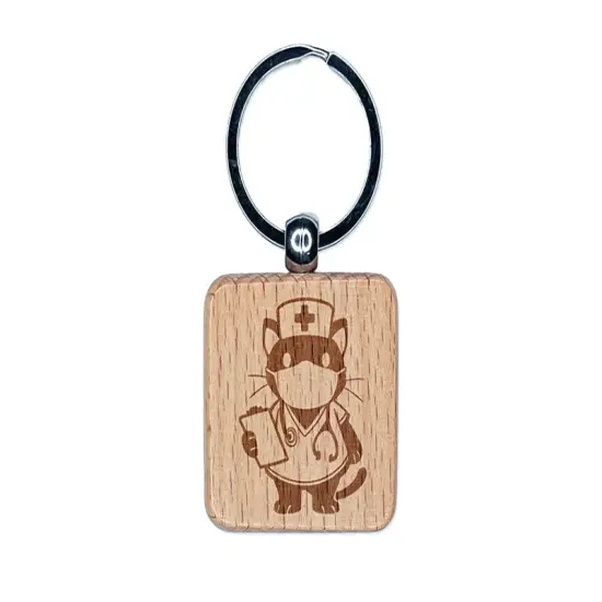 Serious Nurse Doctor Cat with Stethoscope Engraved Wood Square Keychain Tag Charm {1}