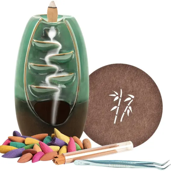 Backflow Incense Burner, Ceramic Waterfall Incense Burner Holder with 120 Incense Cones and 30 Incense Sticks Incense Fountain Smoke Waterfall for Meditation Zen Spiritual Room Home Decor, Cyan {3}