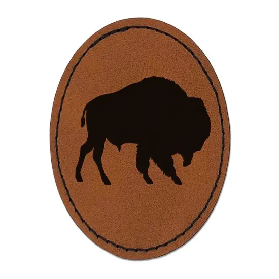 American Buffalo Bison Solid Round Iron-On Engraved Faux Leather Patch Applique - 2.5" Brown {1}