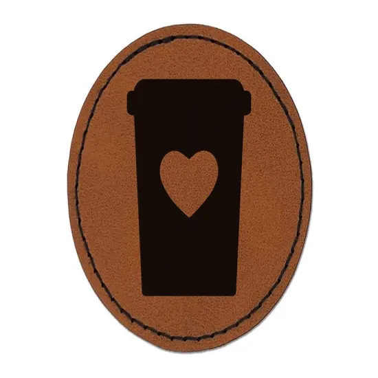 Coffee Cup Carafe with Heart Round Iron-On Engraved Faux Leather Patch Applique - 2.5" Brown {1}