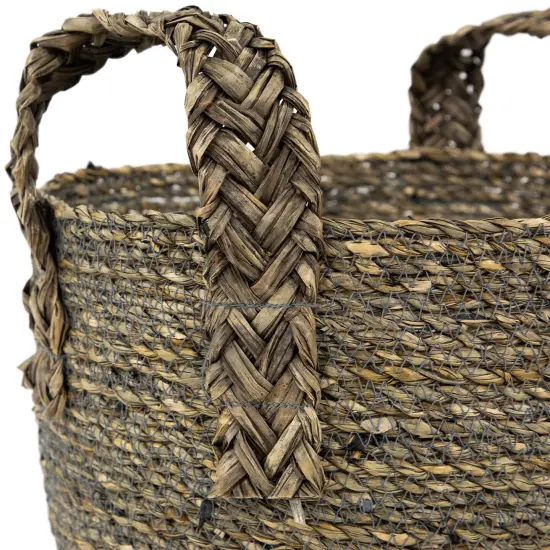Northlight Set of 3 Dark Brown Round Seagrass Storage Baskets with Braided Handles 13.5" {6}