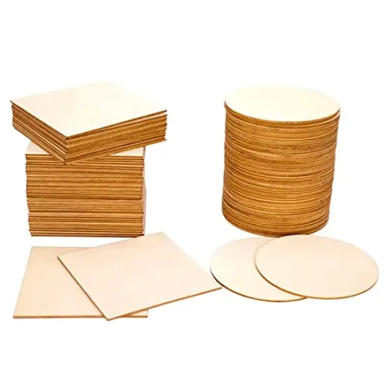 100 Pieces of Unfinished Wood Chips 4x4 inch Blank Wood Chips for Handicrafts Home Decoration Wooden Coasters and DIY Crafts 50 Pcs Wood Squares and 50 Pcs Wood Circles {1}