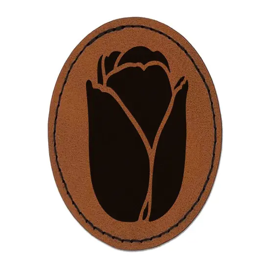 Tulip Flower Round Iron-On Engraved Faux Leather Patch Applique - 2.5" Brown {1}