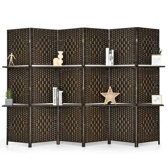 6 Panel Folding Weave Fiber Room Divider with 2 Display Shelves Brown {2}