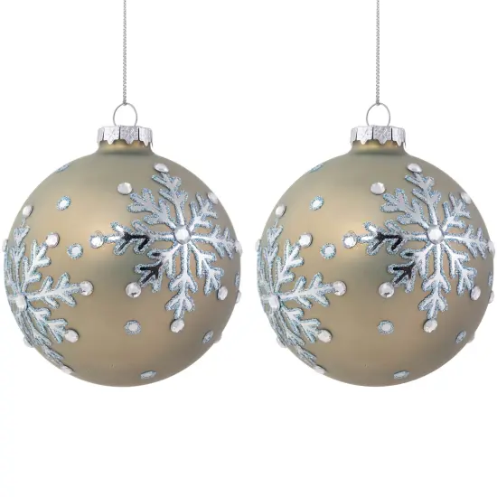 Northlight Mirrored Snowflakes Christmas Glass Ball Ornaments - 4"- Pale Gold - Set of 2 {1}