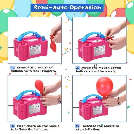 Electric Portable Dual Nozzle Balloon Blower Pump Inflation for Decoration, Party [110V~120V, 600W, Rose Red] {5}