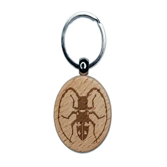 Citrus Long Horned Beetle Insect Engraved Wood Round Keychain Tag Charm {1}