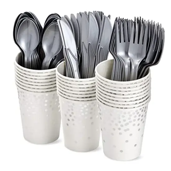 144 Pieces Silver Party Supplies for Wedding, Birthday - Silver Table Decorations with Plates, Napkins, Cups, and Cutlery (Serves 24) {4}