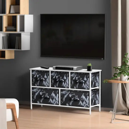 Sorbus Dresser with 5 Drawers - Storage Chest Organizer Unit with Steel Frame, Wood Top, Easy Pull Fabric Bins - Long Wide TV Stand for Bedroom Furniture, Hallway, Closet & Office Organization Marble black/white {2}