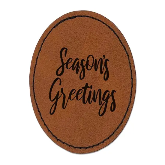 Seasons Greetings Text Round Iron-On Engraved Faux Leather Patch Applique - 2.5" Brown {1}