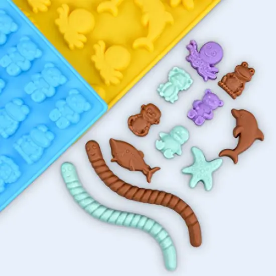 4 Pieces Gummy Bear Mold Candy Molds - Chocolate Molds Including Bears, Frogs, Lions, Monkeys, Penguins, Worms, Starfishs, Dolphins, Octopus, Sharks Sea Mold BPA Free Set of 4 Silicone Molds {5}