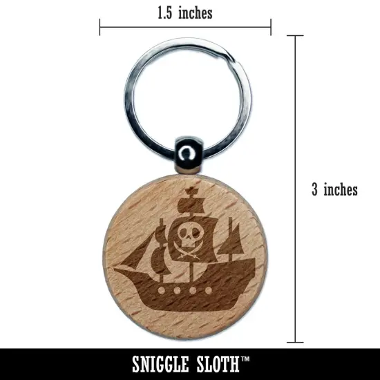 Pirate Ship with Jolly Roger Skull Engraved Wood Round Keychain Tag Charm {2}