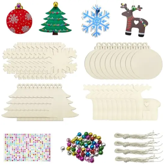 Hidreas 40 Pcs Wooden Ornaments Unfinished Christmas DIY Ornaments Craft Kit, Christmas Wood Ornaments with Bells, Wax Rope and Rhinestone Stickers for Children Arts and Crafts Supplies {1}