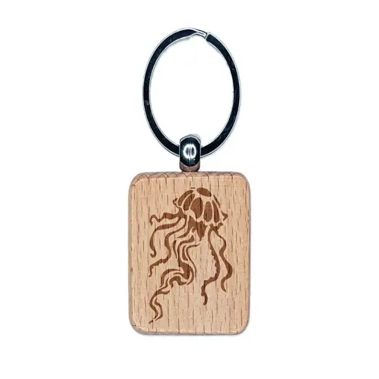Elegant Compass Jellyfish Floating in the Ocean Engraved Wood Square Keychain Tag Charm {1}