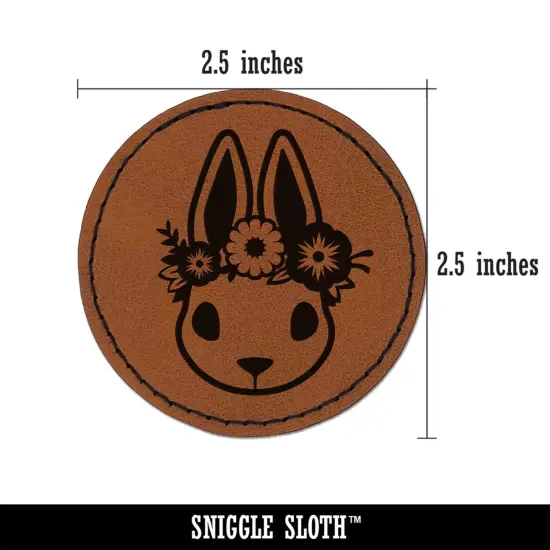 Cute Easter Bunny Rabbit Head with Flower Crown Round Iron-On Engraved Faux Leather Patch Applique - 2.5" Brown {3}