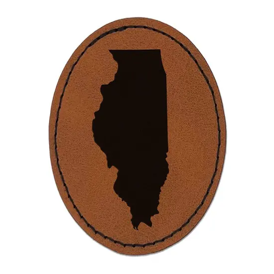 Illinois State Silhouette Round Iron-On Engraved Faux Leather Patch Applique - 2.5" Brown {1}