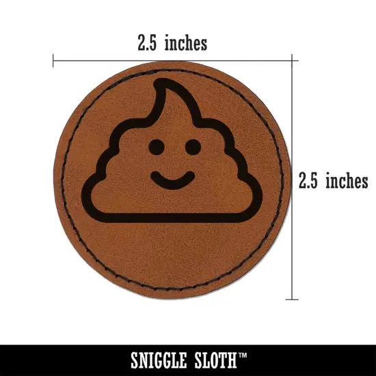 Smile Poop Face Emoticon Round Iron-On Engraved Faux Leather Patch Applique - 2.5" Brown {3}
